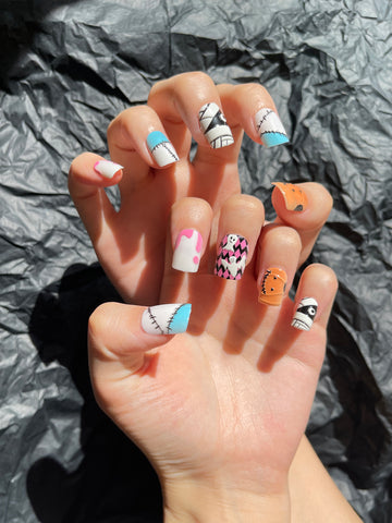 OPOOLA 24 pcs Short Square Shape Halloween Evil Pumpkin Soft Gel Fake Press On Nails with Jelly Glue&Nail Buffer